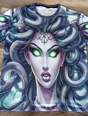 Medusa Graphic Men's Tee with Glowing Green Eyes